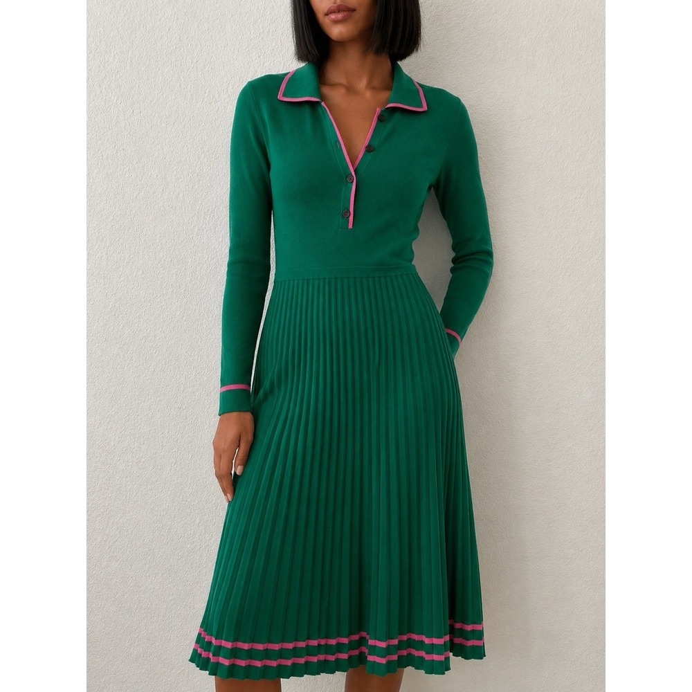 Boden Mollie Knit Pleated Midi Dress Green Sangria Sunset Pink Long Sleeve US 4R